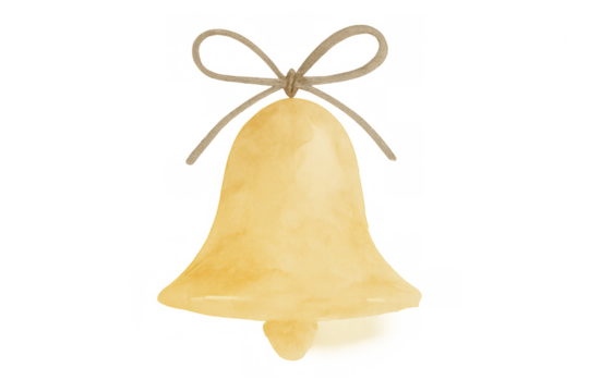 Golden christmas bell watercolor with rope bow for holiday decoration and festive season design elements