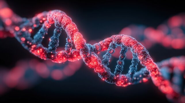 This display highlights a detailed model of a DNA double helix, showcasing vibrant red and blue colors. The strands twist elegantly, representing the intricate nature of genetic material.