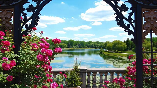 Elegant wrought-iron garden gate framing a tranquil lakeside landscape with blooming roses and lush greenery