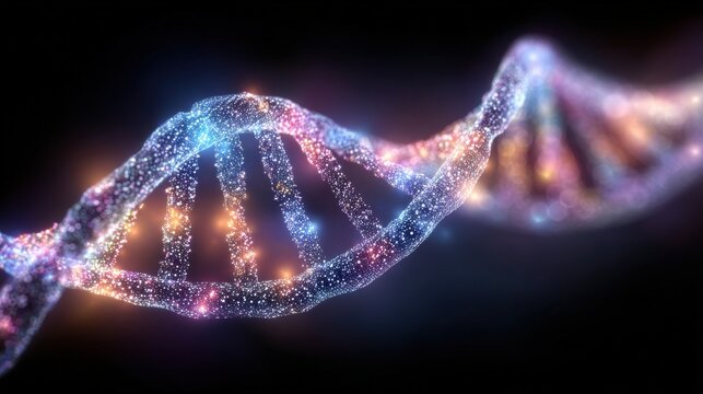 In a dark background, glowing strands of DNA twist and intertwine, creating a vibrant display of colors.