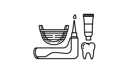 Dental hygiene tools and tooth illustration line art.