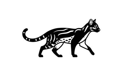 Stylized Black and White Illustration of a Walking Wild Cat.