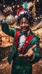 Black Friday and Cyber Monday sales concept with a flashy and flamboyant model salesperson in a dynamic pose with festive retail atmosphere to encourage shopping