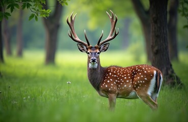 Majestic spotted deer with large antlers stands in green forest. This wild mammal has speckled fur and brown coat. A beautiful animal in its natural habitat.
