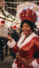 Black Friday and Cyber Monday sales concept with a flashy and flamboyant model salesperson in a dynamic pose with festive retail atmosphere to encourage shopping