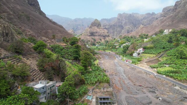 CAPE VERDE - 9.10.2025 - Beautiful aerial footage moving through a scenic valley of Ribeira Grande, Cape Verde.