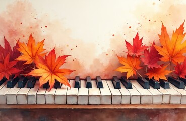 Fototapeta premium Autumn leaves rest on piano keys, painted in watercolor style. Seasonal musical harmony with warm colors inspires creativity and nature beauty.
