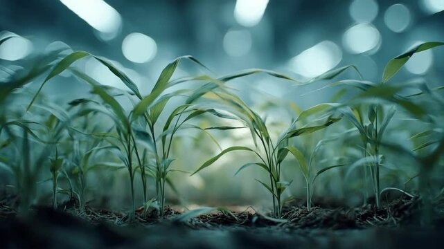 Medium shot of oats growing in a hydroponic fodder system focusing on vibrant young plants thriving without soil.