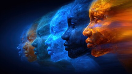 Five stylized human profiles are displayed in a gradient of colors, from orange to blue. This artwork captures the essence of emotions and diversity, portraying a sense of movement and depth.