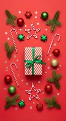 Christmas Flat Lay with Gifts, Candy Canes, and Pine Branches on Red Background