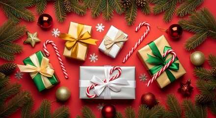 Christmas Flat Lay with Gifts, Candy Canes, and Pine Branches on Red Background
