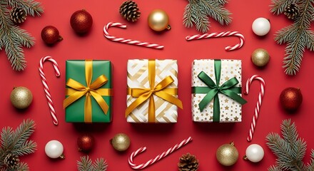 Christmas Flat Lay with Gifts, Candy Canes, and Pine Branches on Red Background