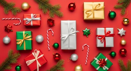 Christmas Flat Lay with Gifts, Candy Canes, and Pine Branches on Red Background