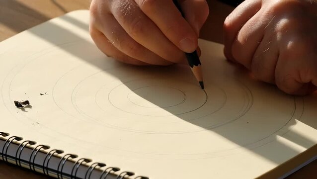Close-Up of Hands Drawing Spiral Patterns in a Sketchbook