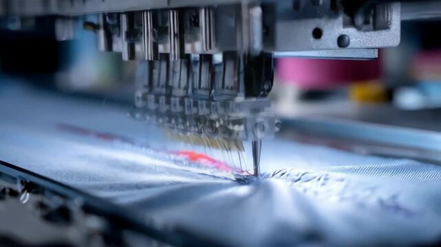Closeup of automatic stitching producing neat running stitches on a lightweight textile capturing dynamic motion and fine detail of programmed machine work.