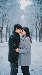 Couple embraces in the snowy winter seasonal landscape