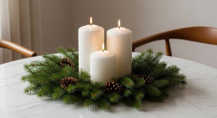 Candles and Evergreen Branches on Marble Surface