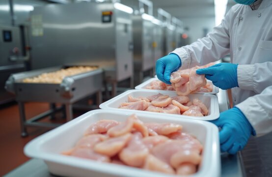 Workers in protective clothing handle fresh chicken fillets at a food processing plant. Employees sort meat in containers. Automated line inside a meat factory shows industrial food production.