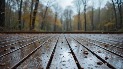 Fototapeta premium Rainy wooden deck in autumn, thin layer of water reflecting tree branches and sky, subtle bokeh, warm tone, full-frame texture.