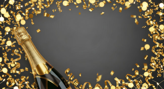 Celebratory Champagne Bottle with Golden Confetti Background Event
