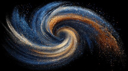 A vibrant cosmic swirl displays colors of blue, gold, and bronze, simulating a galaxy. The sparkling particles create a dynamic movement, evoking a sense of depth in the universe.