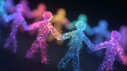 Fototapeta premium Bright, glowing figures of various colors are holding hands in a circle. This digital art piece symbolizes unity and connection among diverse people, celebrating togetherness in a vibrant atmosphere.
