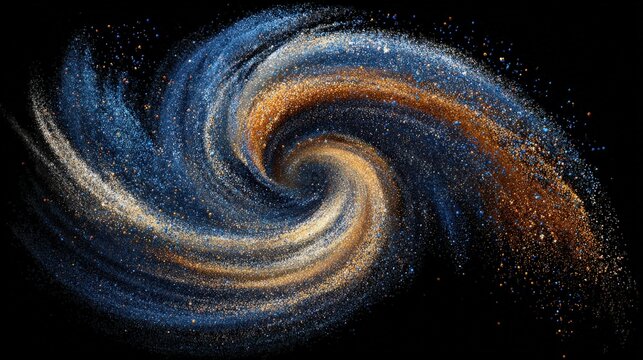 A vibrant cosmic swirl displays colors of blue, gold, and bronze, simulating a galaxy. The sparkling particles create a dynamic movement, evoking a sense of depth in the universe.