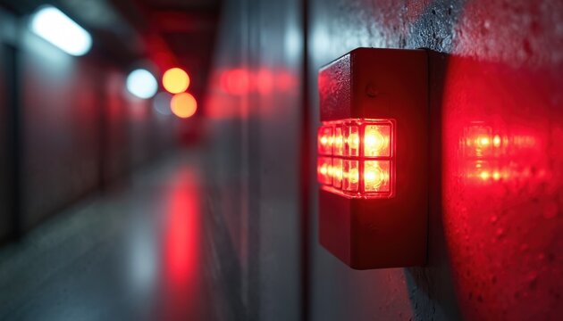 Red fire alarm strobe light illuminates metal wall in dim corridor. Emergency alert device flashes, signals danger. Safety system glows, provides warning in dark passage. Scene shows security