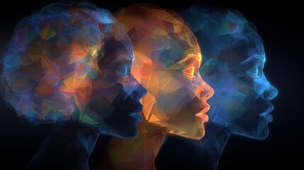Three stylized human faces appear in profile, formed by vibrant, geometric shapes. The colors transition from warm oranges to cool blues, emphasizing expression and creativity in an abstract style.