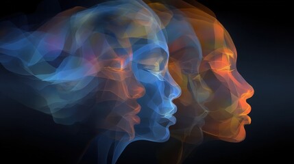 Three human profiles appear in flowing shapes, blending blue, orange, and darker tones. The faces seem serene and are surrounded by soft, ethereal hues, creating a dreamlike atmosphere.