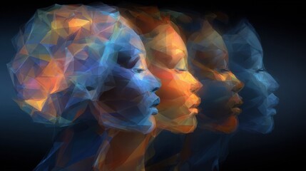 Various stylized profiles of a woman are displayed, featuring colorful, geometric shapes. The artwork blends hues of blue, orange, and other colors, creating a sense of depth and movement.