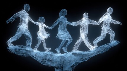 A group of five figures is seen walking hand in hand, balanced on a large, glowing hand. The figures are rendered in a digital style, giving an ethereal quality against a dark background.