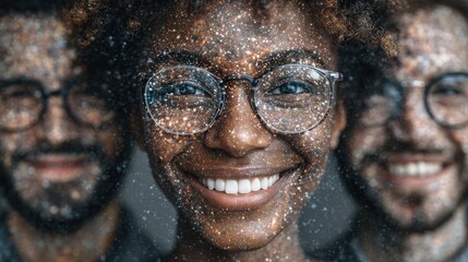 A young woman stands in the foreground, smiling brightly as cosmic designs blend with her features. Softly illuminated behind her are two men, creating an artistic and imaginative atmosphere.