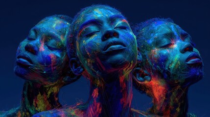 Three figures with closed eyes display intricate body paint in bright colors against a dark backdrop. Their expressions convey serenity and unity, showcasing creative artistic talent.