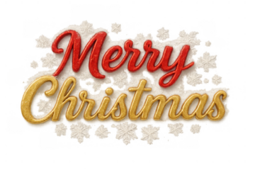 Merry christmas typography creating festive golden and red greeting with snow elements on transparent background