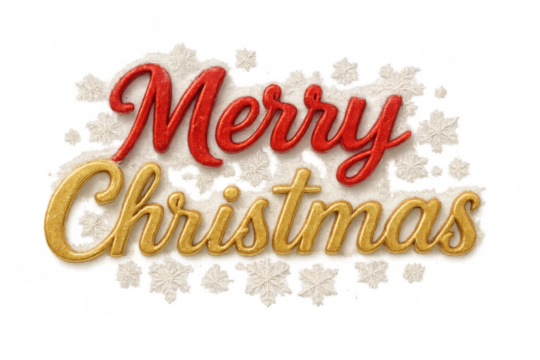 Merry christmas typography creating festive golden and red greeting with snow elements on transparent background