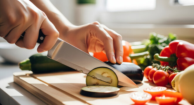 Fresh vegetables being sliced on a wooden board with a sharp knife, perfect for healthy eating, dietary plans, and culinary arts promotions