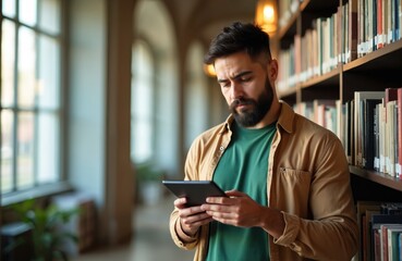 Bearded man reads ebook on tablet computer in library. Student studies online near bookshelf. Person learns with tech in college, university. He uses modern digital device.