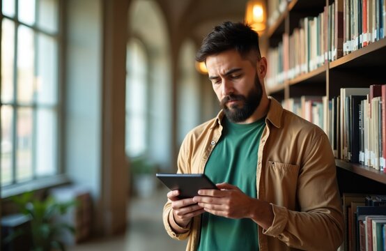 Bearded man reads ebook on tablet computer in library. Student studies online near bookshelf. Person learns with tech in college, university. He uses modern digital device. - Powered by Adobe
