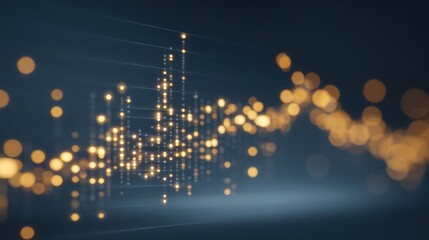 A luminous display of data patterns in warm colors. Small glowing dots create a wave-like trend against a dark background, illustrating dynamic changes and insights visually.
