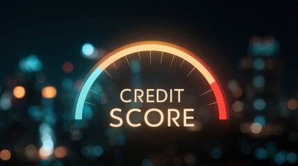 A visual representation of a credit score gauge shows a range from red to green, indicating financial health. The background features a blurred city skyline at night, symbolizing urban finance.