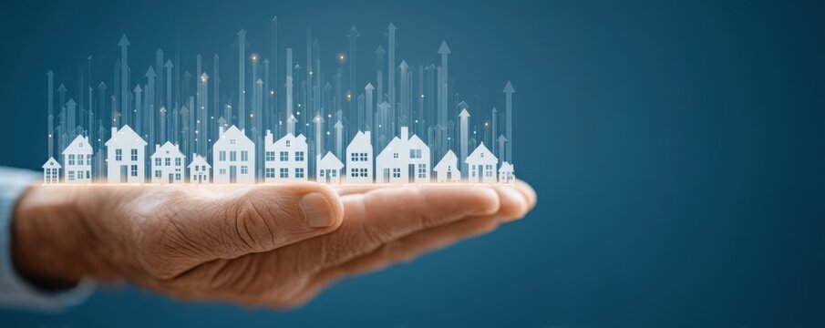 Hand holds digital cityscape with rising graphs representing growth, real estate, and urban innovation