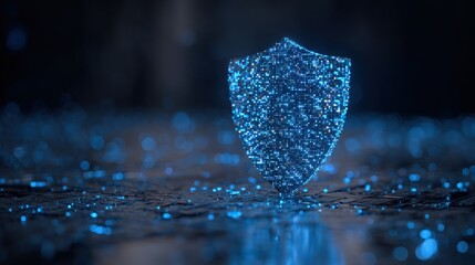 A glowing blue digital shield stands in a dark setting, symbolizing cybersecurity. Particles of light surround the shield, creating a futuristic atmosphere that emphasizes protection.