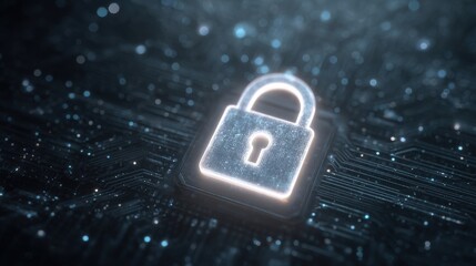 A glowing digital lock symbol appears prominently on a circuit board. The background features a dark texture enhanced by blue lights, creating a tech-inspired atmosphere.