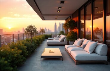 Obraz premium Modern terrace offers panoramic skyline views at sunset. Luxury apartment patio lounge zone with sofa. Plants add green accent. Urban comfort. Balcony overlooks city during sunset. Upscale home