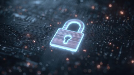 A glowing digital lock symbol appears on a dark circuit board background. The scene highlights themes of cybersecurity, data safety, and technology, conveying a sense of security and privacy.