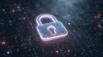 A glowing padlock symbol hovers above a circuit board design, emphasizing themes of security and technology. The dark background features various lights and patterns, creating a digital atmosphere.