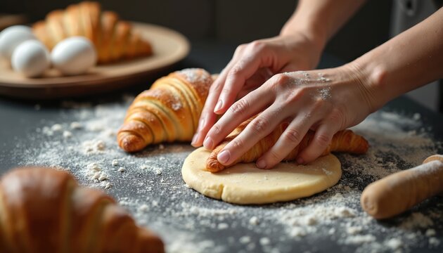 Hands shape croissant dough on floured table. Golden brown pastries, eggs on wooden plate nearby. Artisan baker prepares buttery breakfast delicacy, fresh baked goods.