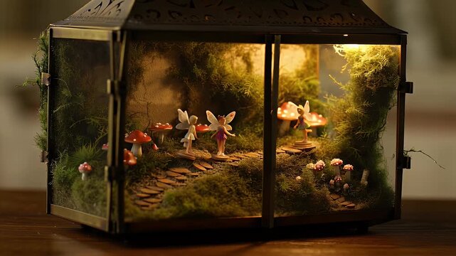 Enchanting Tiny Fairy Garden Inside a Glass Terrarium with Soft Golden Lighting