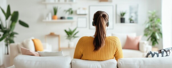 Woman Relaxing at Home Listening to Music on Headphones, wellness , Lifestyle